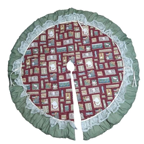 Vtg Handmade Santa Quilt Christmas Tree Skirt 44" Ruffled Cottagecore Country - Picture 2 of 8